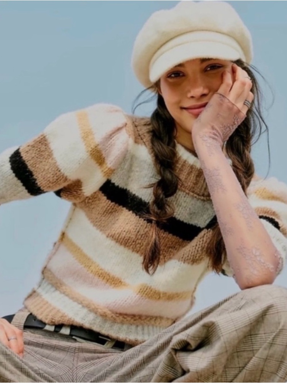 Free People Striped Crewneck Sweater in Cream, Brown & Black